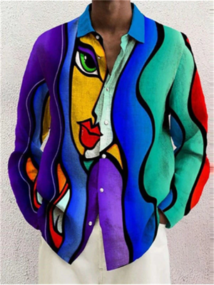 Men's Shirt Graphic Shirt Abstract Turndown Yellow Blue Purple Rainbow 3D Print Outdoor Street Long Sleeve Button-Down Print Clothing Apparel Fashion Designer Casual Breathable