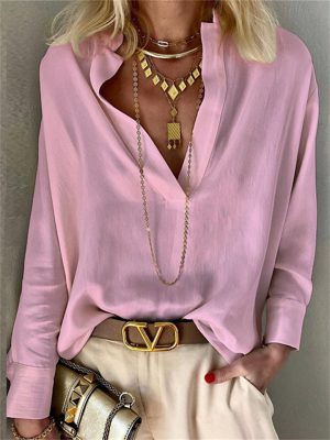 Women's Spring and Fall New Temperament and Elegant Solid Color Stand-up Collar Long-sleeved Bohemian Cotton Loose Type Shirt