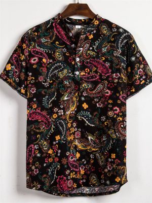 Summer New Men's Large Size Floral Pattern Slim Stand-up Collar Printed Short-sleeved Loose Fashion Shirt