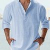 Men's Linen Shirt Casual Shirt Beach Shirt Henley Shirt Black White Pink Long Sleeve Plain Henley Spring & Summer Hawaiian Holiday Clothing Apparel