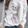 Spring and Summer Animals Loose Print Long Sleeve Round Neck Sweater White Blue Green Pink